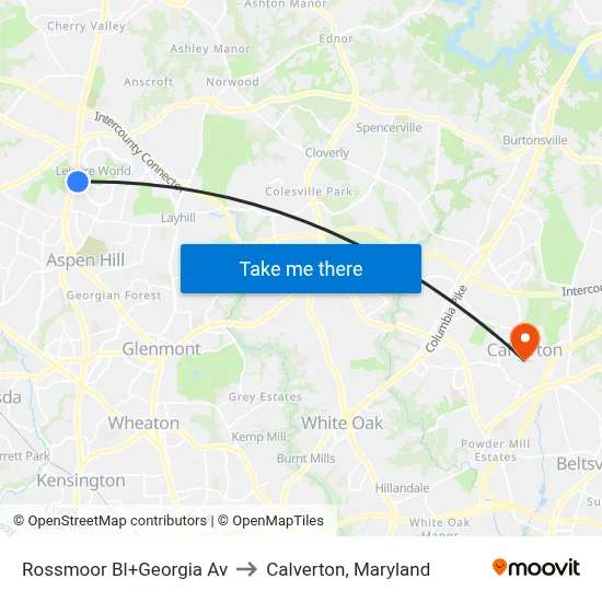 Rossmoor Bl+Georgia Av to Calverton, Maryland map