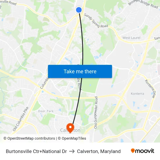 Burtonsville Ctr+National Dr to Calverton, Maryland map