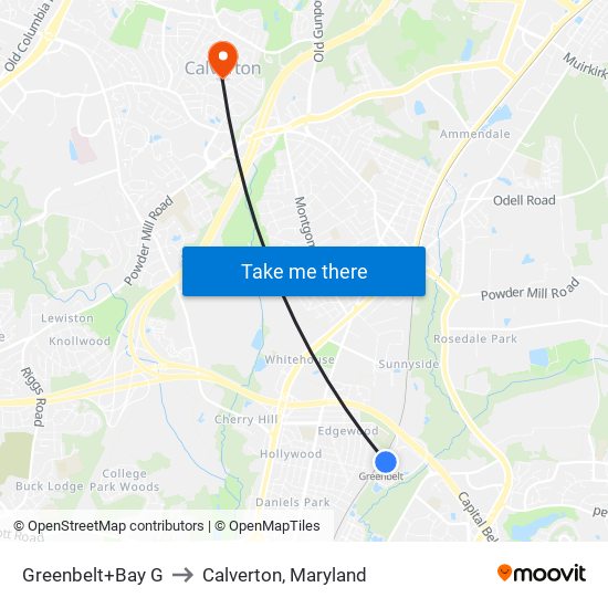 Greenbelt+Bay G to Calverton, Maryland map