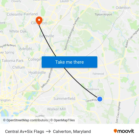 Central Av+Six Flags to Calverton, Maryland map