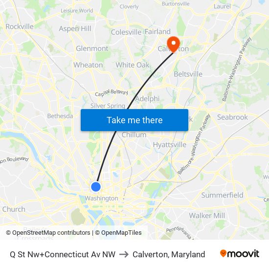 Q St Nw+Connecticut Av NW to Calverton, Maryland map