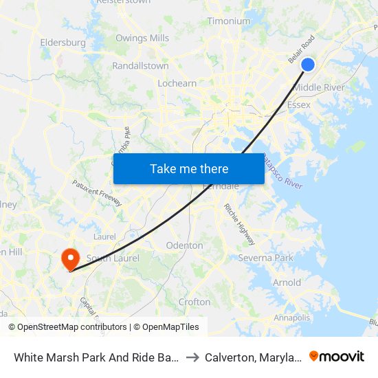 White Marsh Park And Ride Bay 1 to Calverton, Maryland map