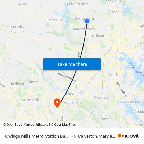 Owings Mills Metro Station Bay 2 to Calverton, Maryland map