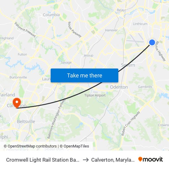 Cromwell Light Rail Station Bay 1 to Calverton, Maryland map