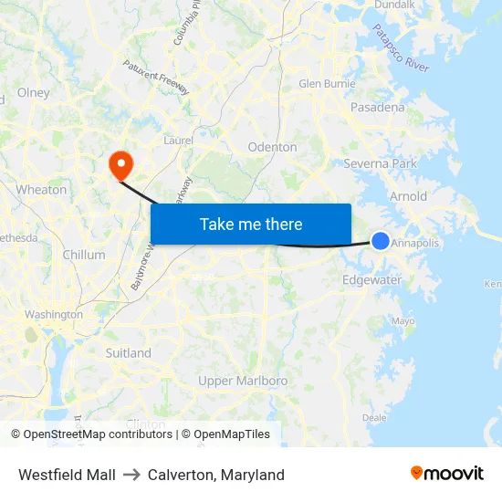 Westfield Mall to Calverton, Maryland map