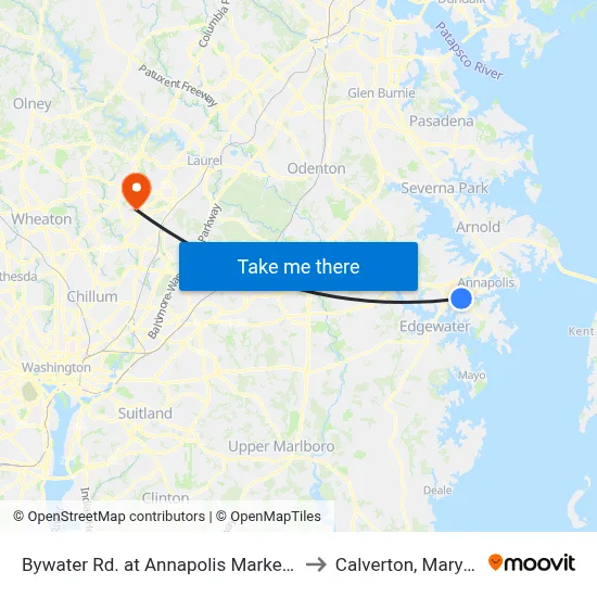 Bywater Rd. at Annapolis Marketplace to Calverton, Maryland map