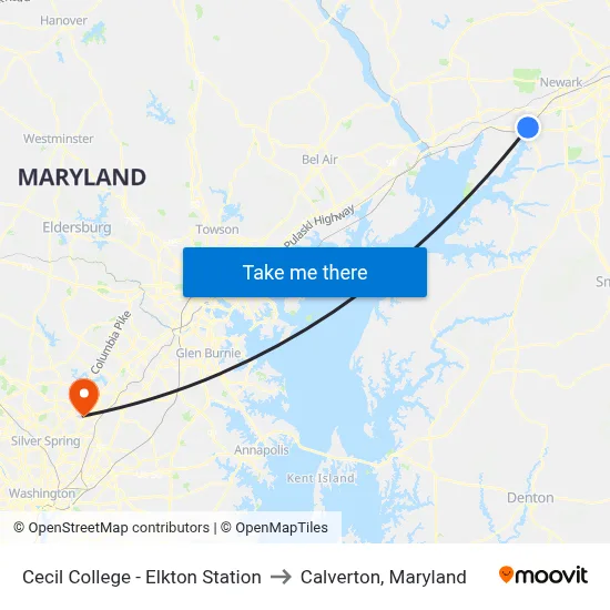 Cecil College - Elkton Station to Calverton, Maryland map