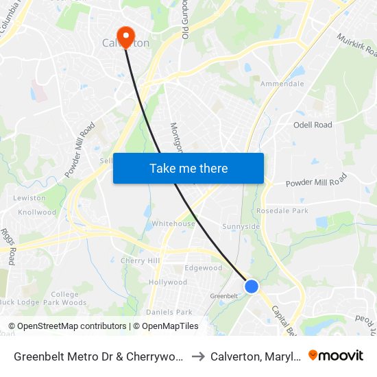 Greenbelt Metro Dr & Cherrywood Ln to Calverton, Maryland map