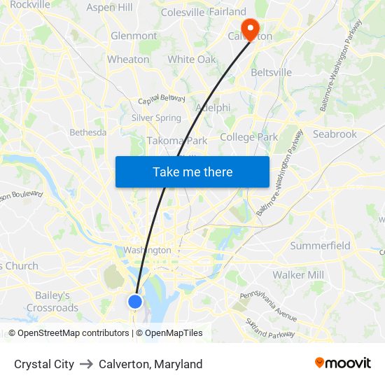 Crystal City to Calverton, Maryland map