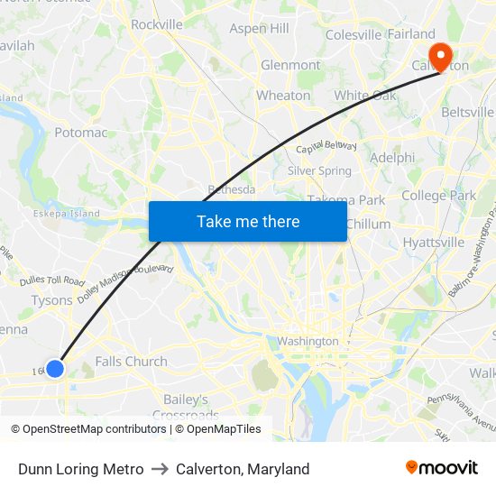 Dunn Loring Metro to Calverton, Maryland map