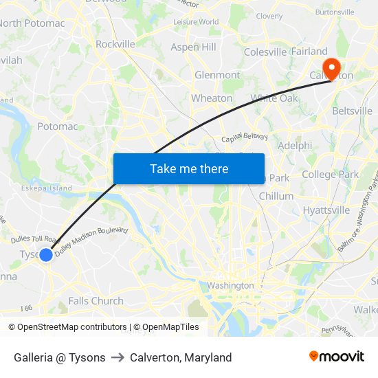 Galleria And Tysons to Calverton, Maryland map