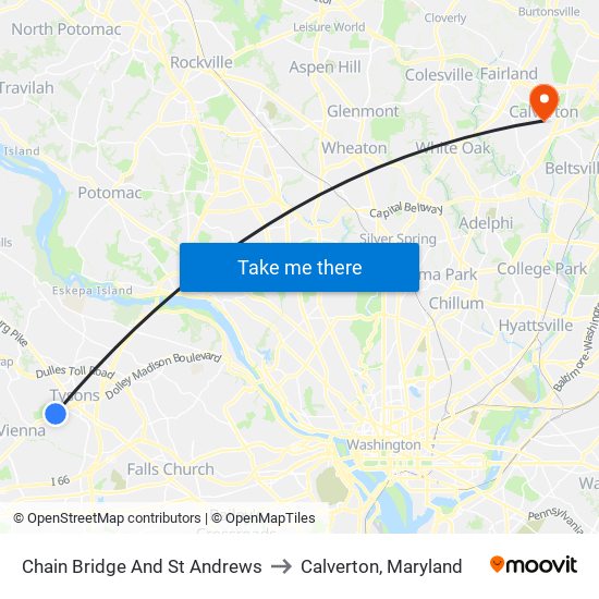 Chain Bridge And St Andrews to Calverton, Maryland map