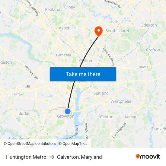 Huntington Metro to Calverton, Maryland map