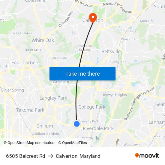 6505 Belcrest Rd to Calverton, Maryland map