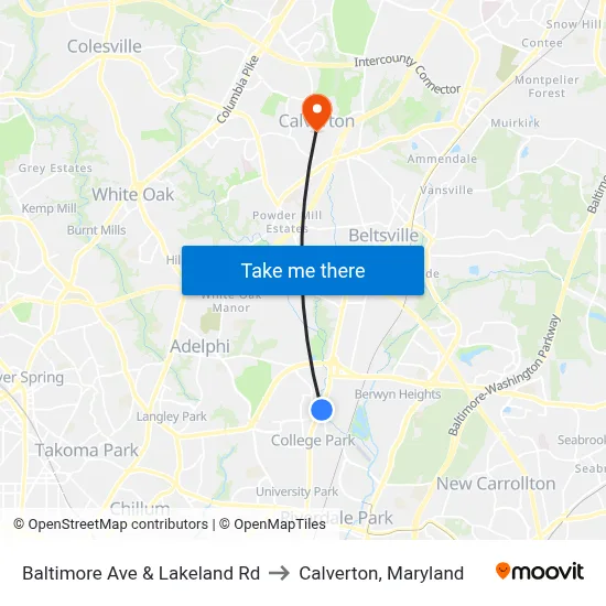Baltimore Ave & Lakeland Rd to Calverton, Maryland map