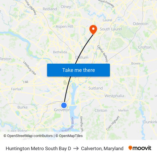 Huntington Metro South Bay D to Calverton, Maryland map