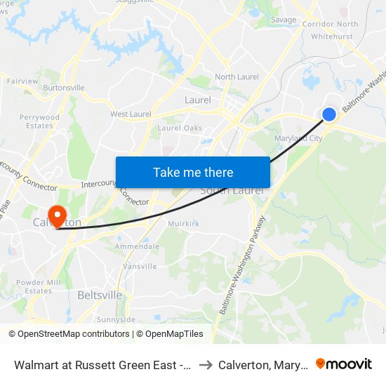 Walmart at Russett Green East - Laurel to Calverton, Maryland map