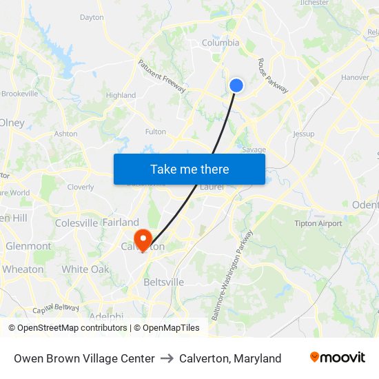 Owen Brown Village Center to Calverton, Maryland map