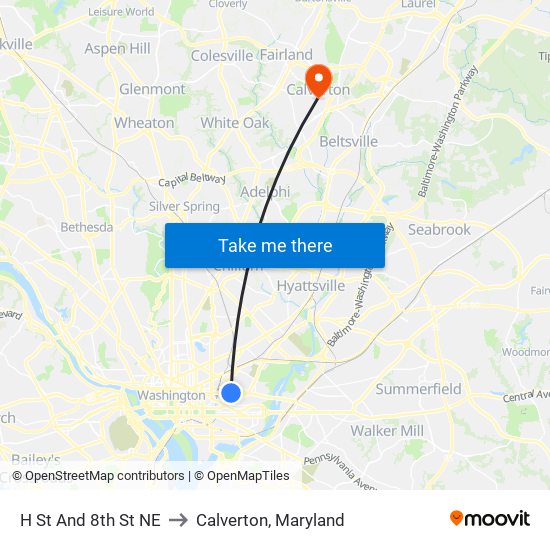 H St And 8th St NE to Calverton, Maryland map