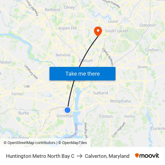 Huntington Metro North Bay C to Calverton, Maryland map