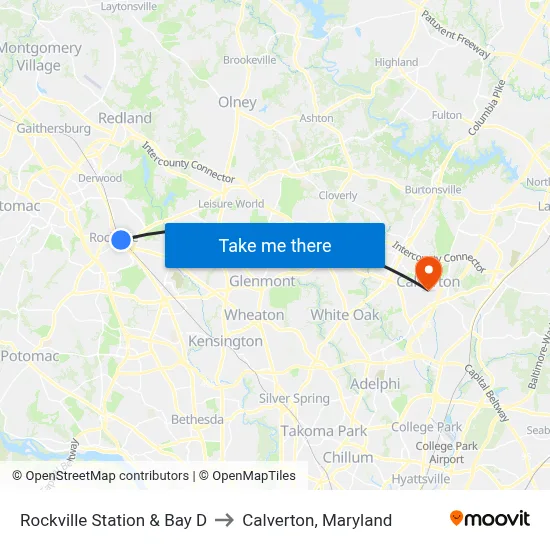 Rockville Station & Bay D to Calverton, Maryland map