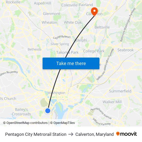 Pentagon City Metrorail Station to Calverton, Maryland map