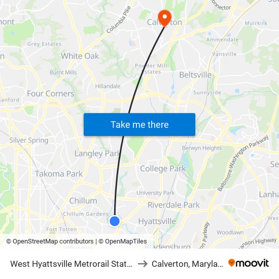 West Hyattsville Metrorail Station to Calverton, Maryland map