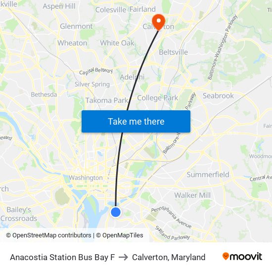 Anacostia Station Bus Bay F to Calverton, Maryland map