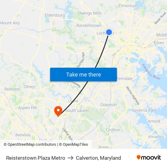 Reisterstown Plaza Metro to Calverton, Maryland map