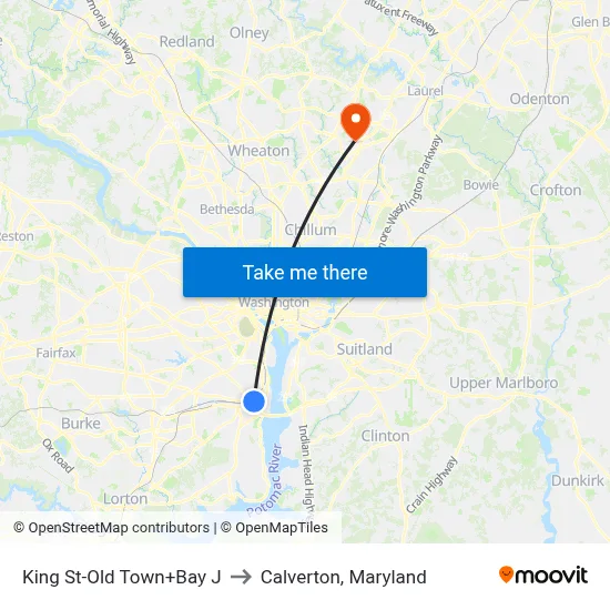 King St-Old Town+Bay J to Calverton, Maryland map