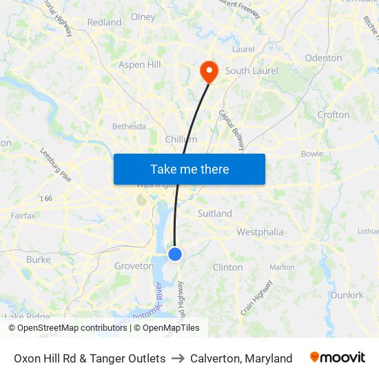 Oxon Hill Rd & Tanger Outlets to Calverton, Maryland map