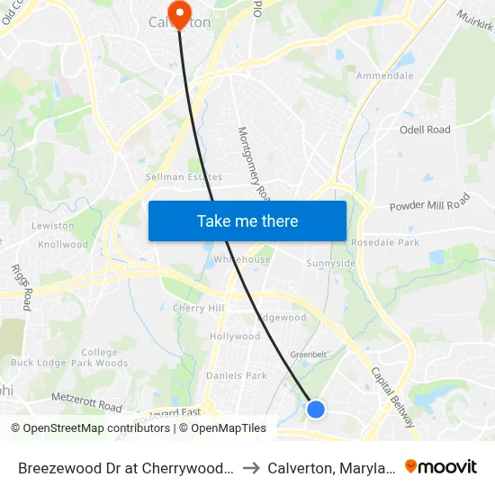 Breezewood Dr at Cherrywood Ln to Calverton, Maryland map
