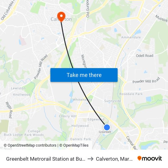 Greenbelt Metrorail Station at Bus Bay E to Calverton, Maryland map