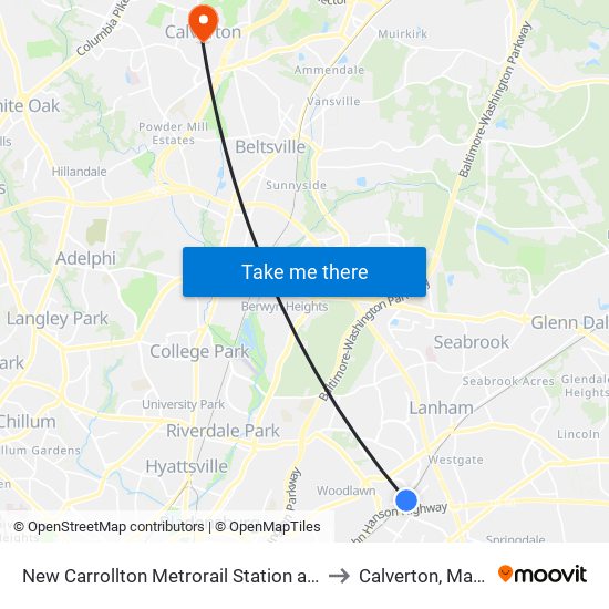 New Carrollton Metrorail Station at Bus Bay F to Calverton, Maryland map