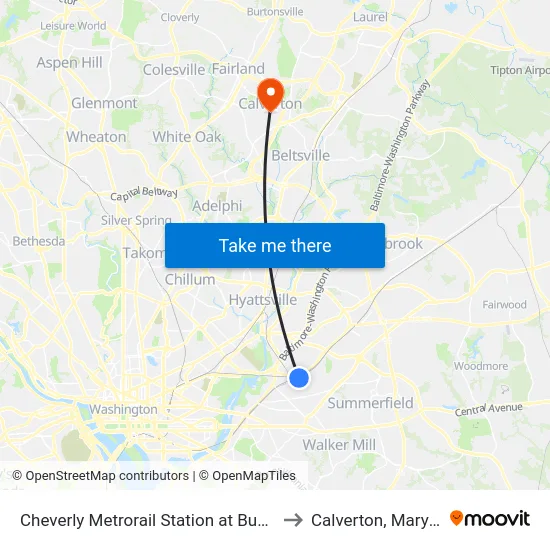 Cheverly Metrorail Station at Bus Bay D to Calverton, Maryland map