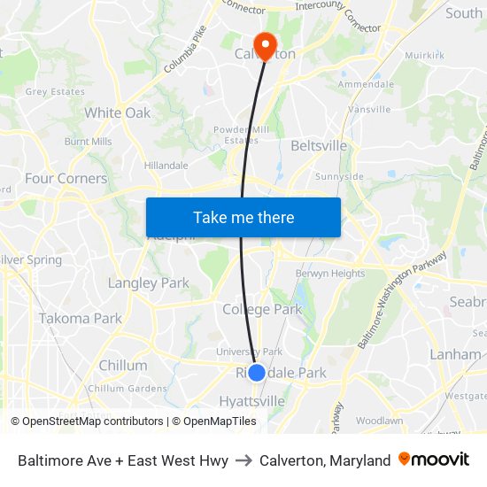 Baltimore Ave + East West Hwy to Calverton, Maryland map