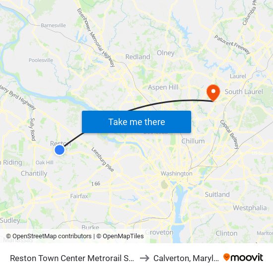 Reston Town Center Metrorail Station to Calverton, Maryland map