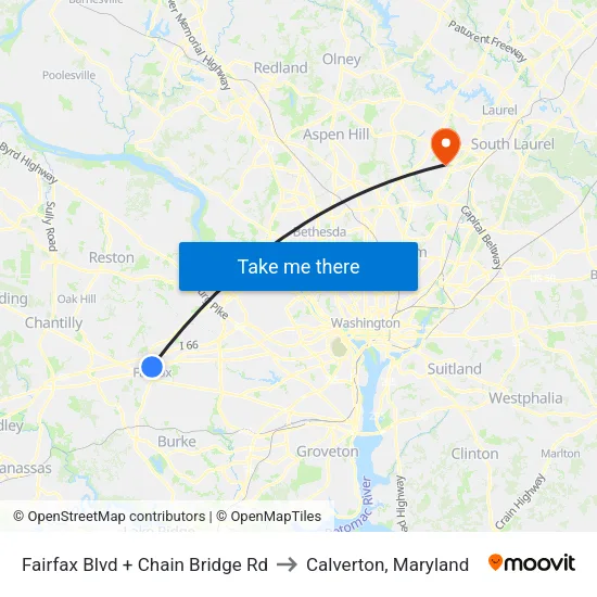 Fairfax Blvd + Chain Bridge Rd to Calverton, Maryland map