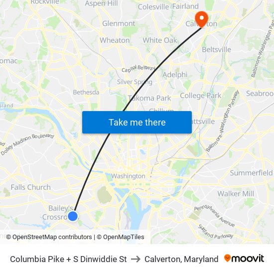 Columbia Pike + S Dinwiddie St to Calverton, Maryland map