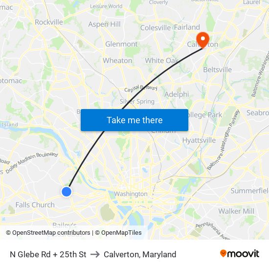 N Glebe Rd + 25th St to Calverton, Maryland map