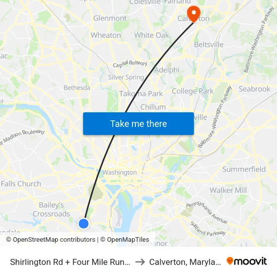 Shirlington Rd + Four Mile Run Dr to Calverton, Maryland map