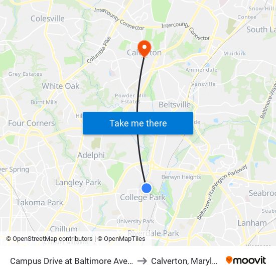 Campus Drive at Baltimore Avenue to Calverton, Maryland map