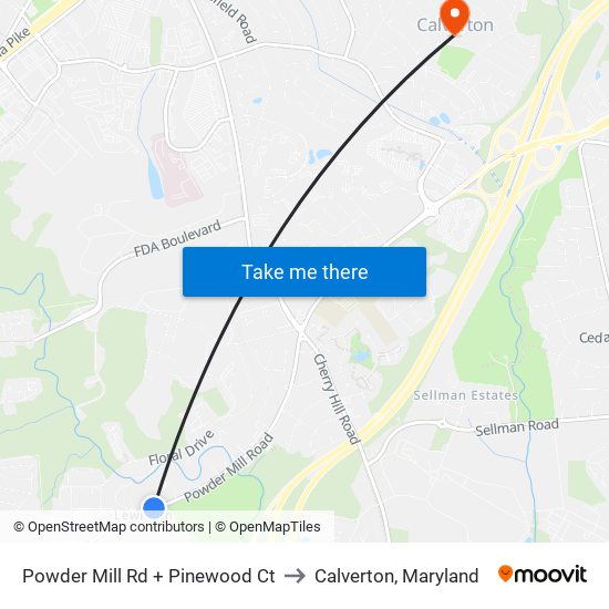 Powder Mill Rd + Pinewood Ct to Calverton, Maryland map