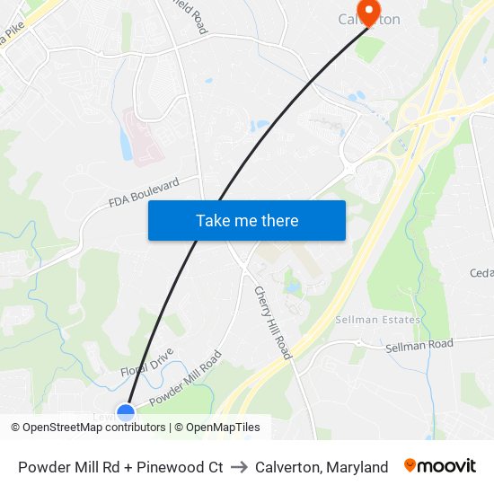 Powder Mill Rd + Pinewood Ct to Calverton, Maryland map