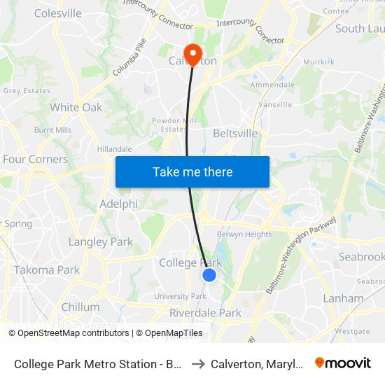 College Park Metro Station - Bay D to Calverton, Maryland map