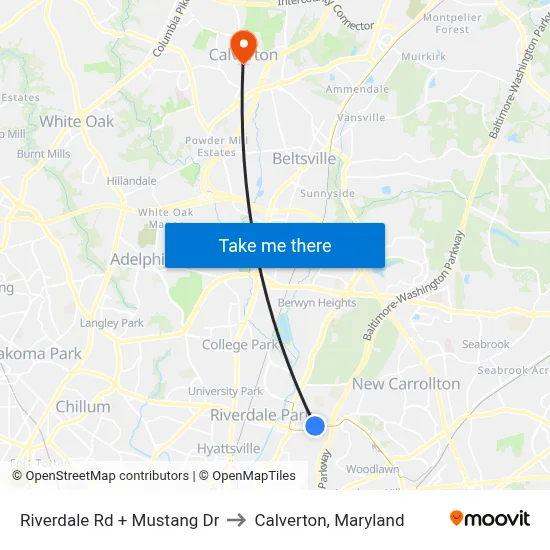 Riverdale Rd + Mustang Dr to Calverton, Maryland map