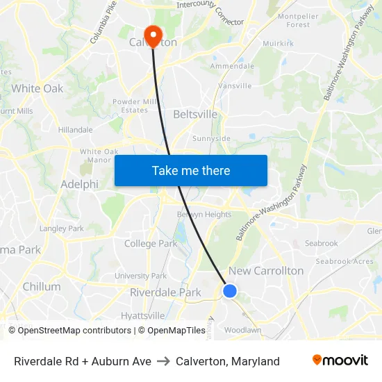 Riverdale Rd + Auburn Ave to Calverton, Maryland map