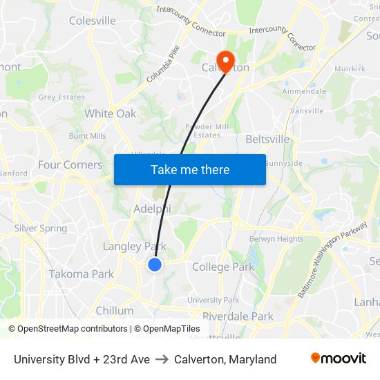 University Blvd + 23rd Ave to Calverton, Maryland map