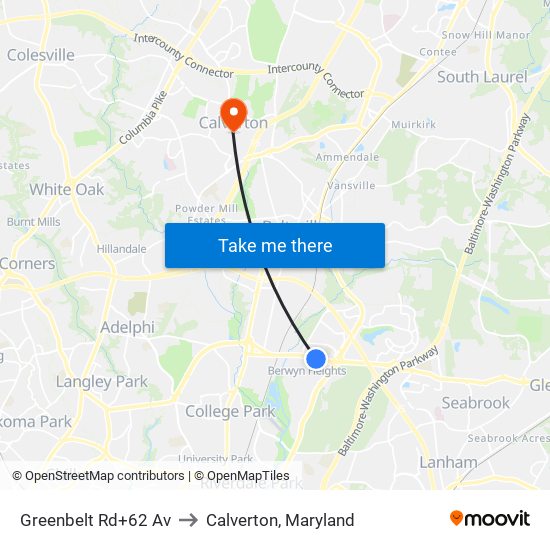 Greenbelt Rd+62 Av to Calverton, Maryland map