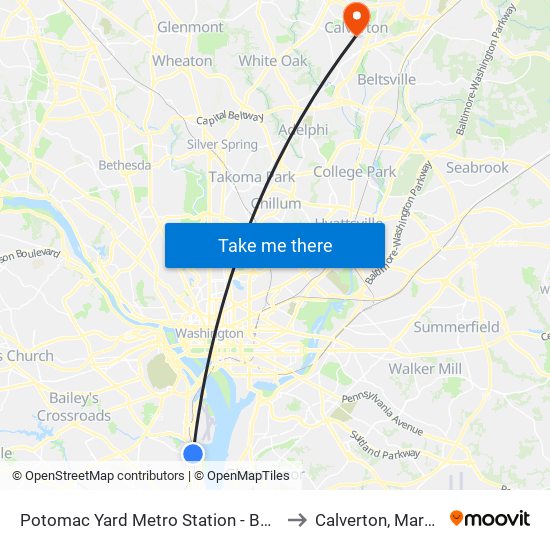 Potomac Yard Metro Station - Bus Bay A to Calverton, Maryland map